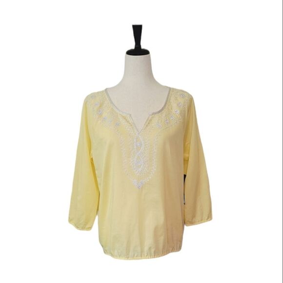 Relativity Yellow Embroidered 3/4 Sleeve Sheer 100% Cotton Summer Blouse Size S - Picture 1 of 10